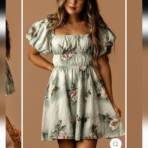 HYFVE Sage Floral Magnolia Puff Sleeve Mini Dress Garden Party Sz Large